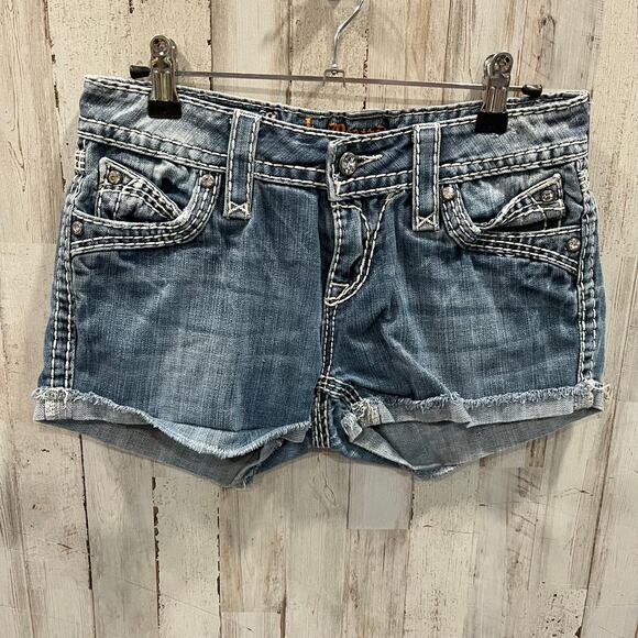 Rock Revival Eliana Boot Cuff Denim Shorts Embellished Y2K Flap Pockets 25 - Picture 1 of 8
